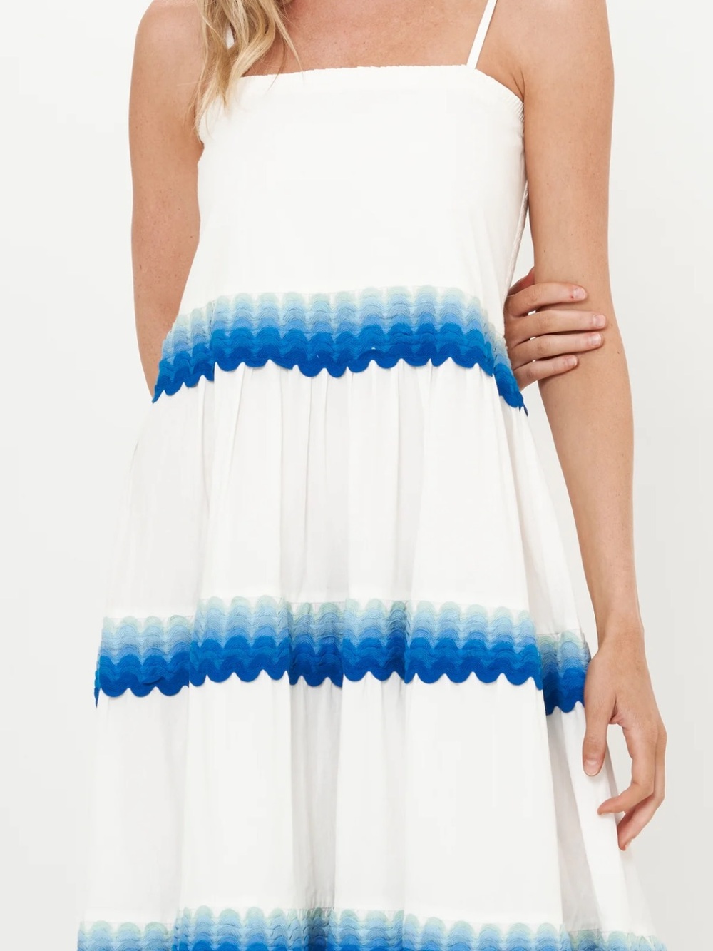 Oliphant White Cotton Maxi Dress with Blue Ric Rac Trim, Size Medium - Picture 9 of 10